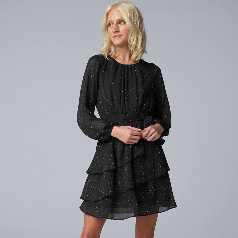 Simply Vera Vera Wang Tiered Ruffle Mini Dress Women XL Black Polka Dot
